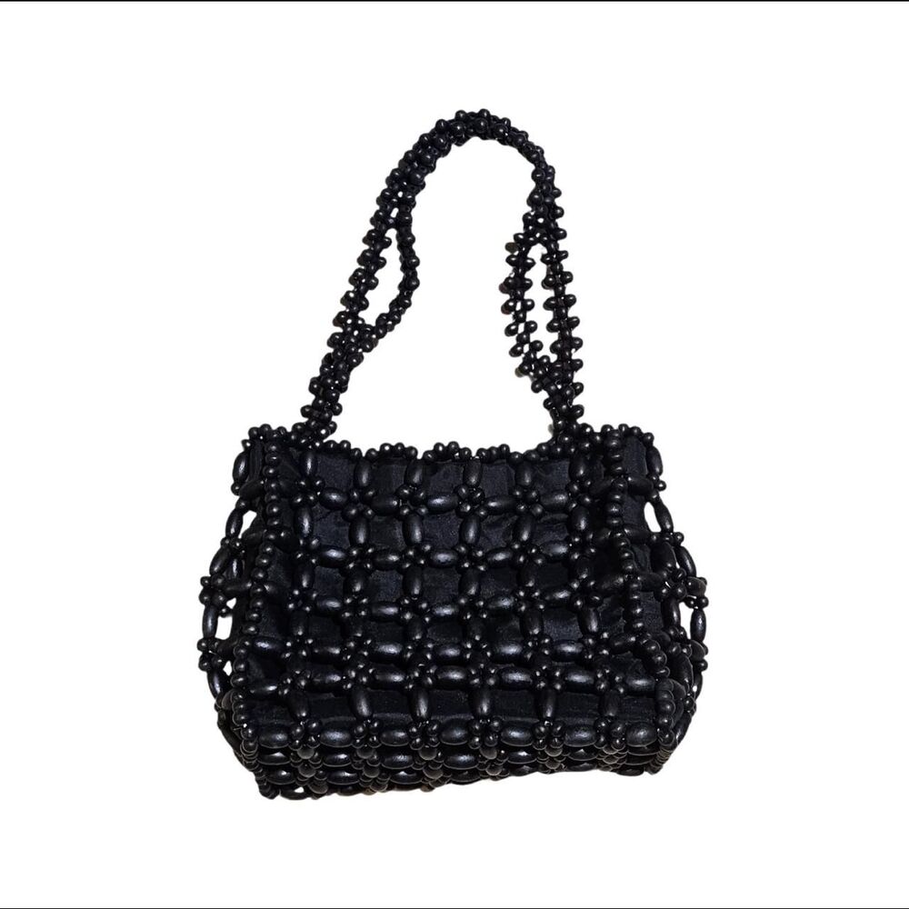vintage boho whimsigoth small black bag wooden beads